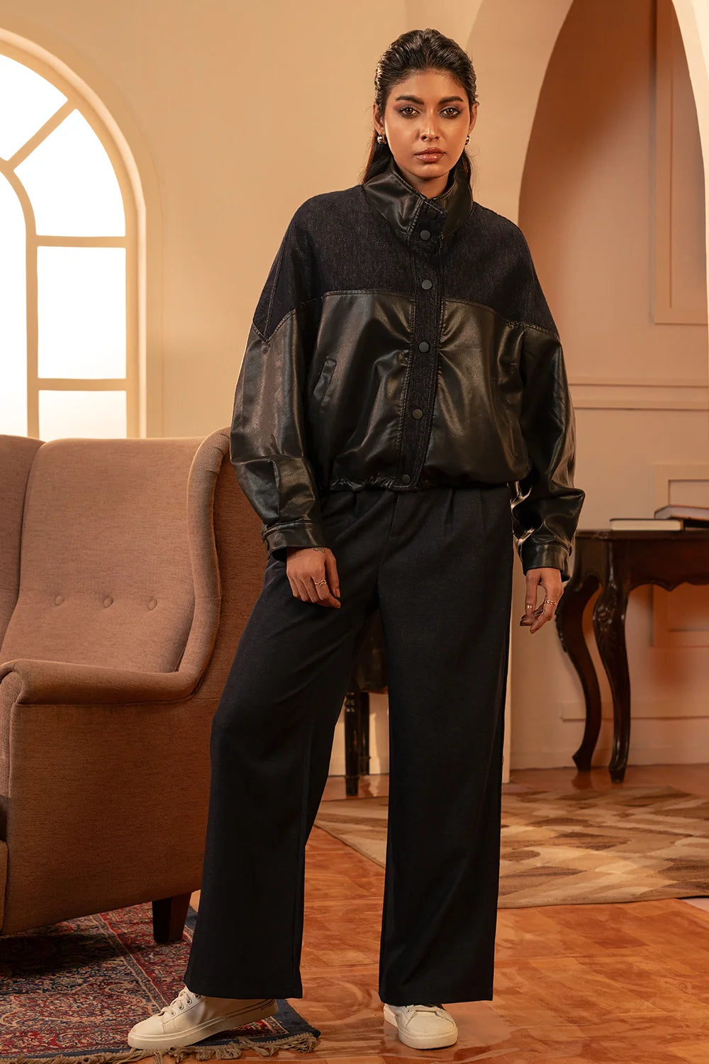 Demin Cut and Sew Leather Jacket