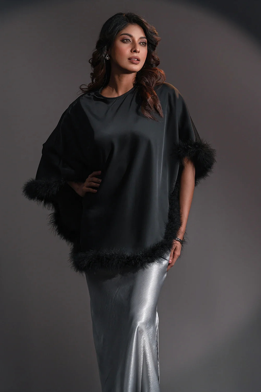Luxe Feather-Trim Cape